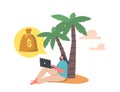 Young Freelancer Character Sitting under Palm Tree Reading Information on Laptop, Enjoying Freedom and Passive Income
