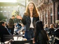 Young french girl being happy in central city square