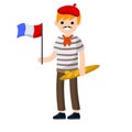 Young French guy in striped t-shirt with a red tie. man with the flag of France and bread. national costume