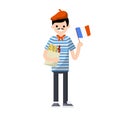 Young French guy in striped t-shirt with red tie. man with flag of France