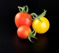 A young fresh beautiful yellow cherry tomato and two very small ripe red cherry tomatoes on a glossy black background with reflect Royalty Free Stock Photo