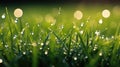 Young fresh grass with drops of morning dew in the rays of the sun, close-up. Royalty Free Stock Photo