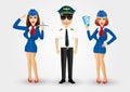 Young friendly pilot and two stewardesses