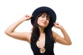 Young friendly woman smile and hold big hat Royalty Free Stock Photo