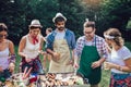 Friends having fun grilling meat enjoying barbecue party Royalty Free Stock Photo