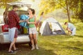 Young friends just came to camping trip Royalty Free Stock Photo