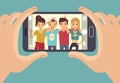 Young friends teenagers taking photo with smartphone. Friendship vector concept