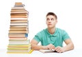 Young frustrated student sitting at the desk with high books sta Royalty Free Stock Photo