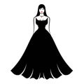 A young full-figured woman in an elegant long fluffy black evening dress