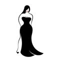 A young full-figured woman in an elegant long form-fitting black evening dress