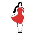A young full-figured woman in an elegant short fluffy red cocktail dress