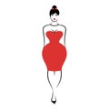 A young full-figured woman in an elegant short form-fitting red cocktail dress