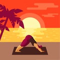 Young full woman doing yoga on beach at sunset