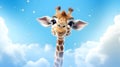 Young funny beautiful white-brown giraffe with big eyes on a blue background