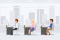 Funny business workers sitting at desk, typing on computer, laptop vector. Man, woman colleagues office interior cartoon character