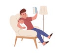 Young funny father sitting in chair and reading book for newborn baby. Dad with sleeping infant. Colored flat cartoon