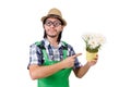 Young funny gardener with pot of camomiles