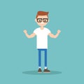 Young funny nerd demonstrating his strength / editable flat vector illustration