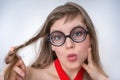 Funny nerd or geek woman with sexual expression on face Royalty Free Stock Photo