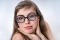Funny nerd or geek woman with sexual expression on face Royalty Free Stock Photo