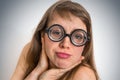 Funny nerd or geek woman with sexual expression on face Royalty Free Stock Photo