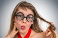 Funny nerd or geek woman with sexual expression on face Royalty Free Stock Photo