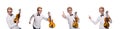 Young funny violin player isolated on white Royalty Free Stock Photo