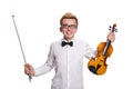 The young funny violin player isolated on white Royalty Free Stock Photo