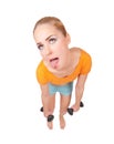 Young funny woman with dumbbells Royalty Free Stock Photo