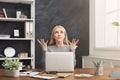 Furious woman working on laptop at office