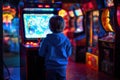 Young Gamer Enjoying Neon Arcade Fun.