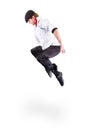 Young gangster man jumping isolated on white