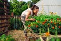 Young gardener in garden smelling flower Royalty Free Stock Photo