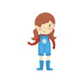 Young gardener girl dressed in blue overall shorts, boots and red sweater. Cartoon little farmer with brown hair, shiny