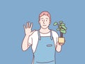 Young gardener man holding a plant smiling cheerful simple korean style illustration