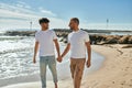 Young gay couple smiling happy walking at the beach Royalty Free Stock Photo