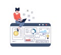 Young geek girl work at laptop, develop app for smartphone. Freelance digital ui ux designer or programmer, vector