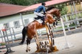 Young gelding horse and adult man rider jumping during equestrian showjumping competition in daytime in summer