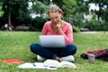 Young german female student at computer learning and preparing for degree Royalty Free Stock Photo