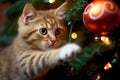 Young ginger cat playing with red Christmas tree bauble