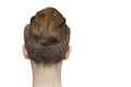 Young ginger man with pompadour haircut, real photo hair for barbershop old fashioned, back isolated