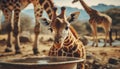 young giraffe drinking. giraffe family outdoor .ai generated Royalty Free Stock Photo