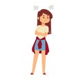 Young girl with angry expression, arms crossed, wearing a sweater tied around her waist. Upset child cartoon character