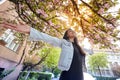 Young girl with arms wide open and enjoing the cherry tree street Royalty Free Stock Photo