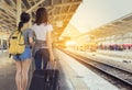 Young girl asian backpack traveler together waiting