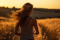 A young girl athlete runs towards the sun in the mountains at sunset