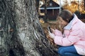 A young girl in autumn in a pink jacket, photographs the trunk of a tree, the bark. Close-up, exploring the area Royalty Free Stock Photo