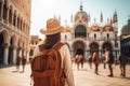 Young girl with backpack in hat stands with her back in St. Marks Square and looks at the Doges Palace. Generative AI