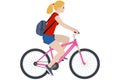 A young girl with a backpack rides a bicycle