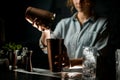 Close-up. Young girl at bar pours drink from one metal cup to another Royalty Free Stock Photo